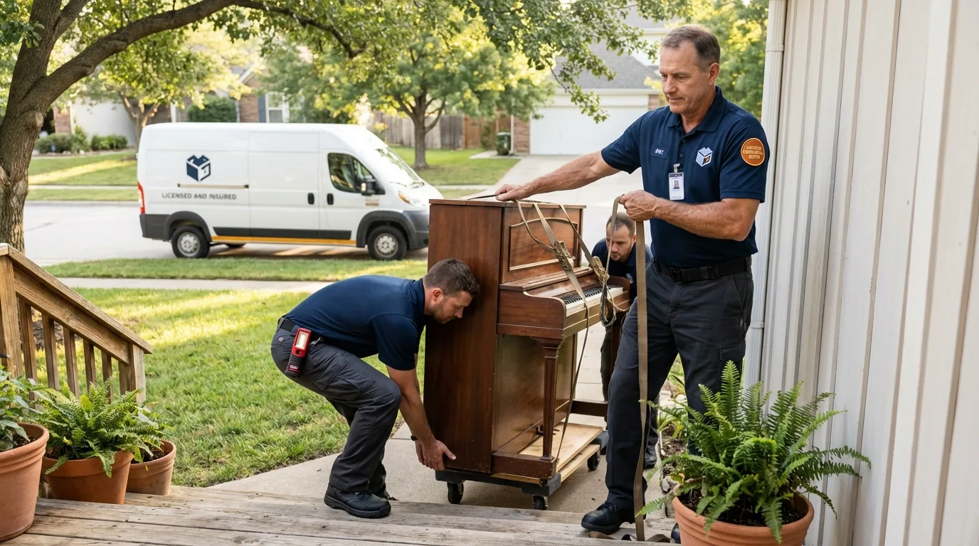 Licensed piano movers securing grand piano in Freedom, PA