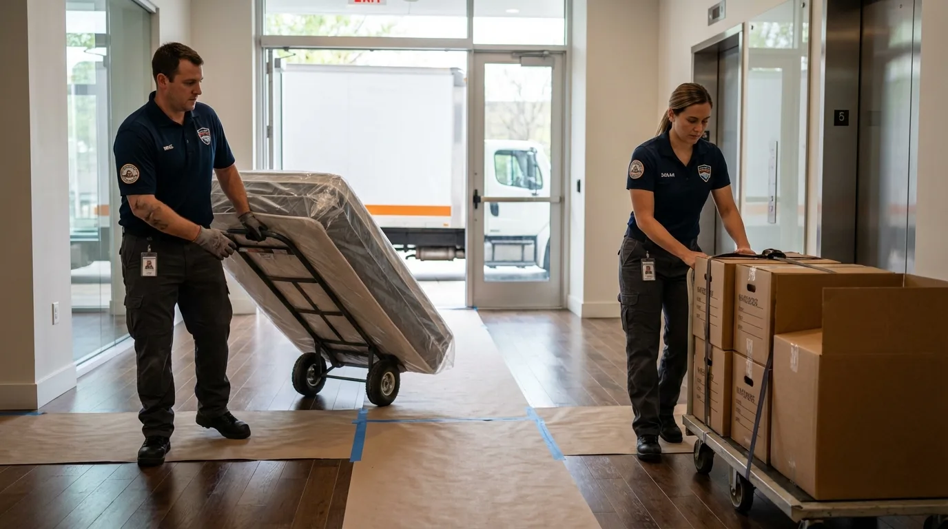 Professional apartment movers loading elevator in Freedom, PA